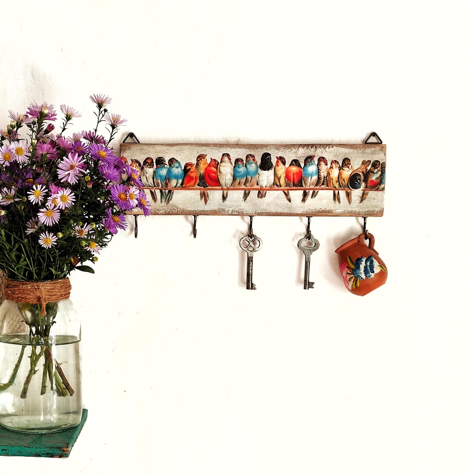Long Wooden Key Holder for a Wall With Birds, Wall Organizer With Birds ...