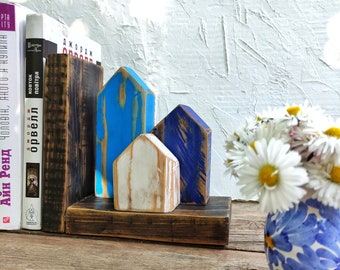 Blue rustic wooden bookends, Booklovers gifts, Unique wooden bookend, Home library decoration, Natural Wood Bookends