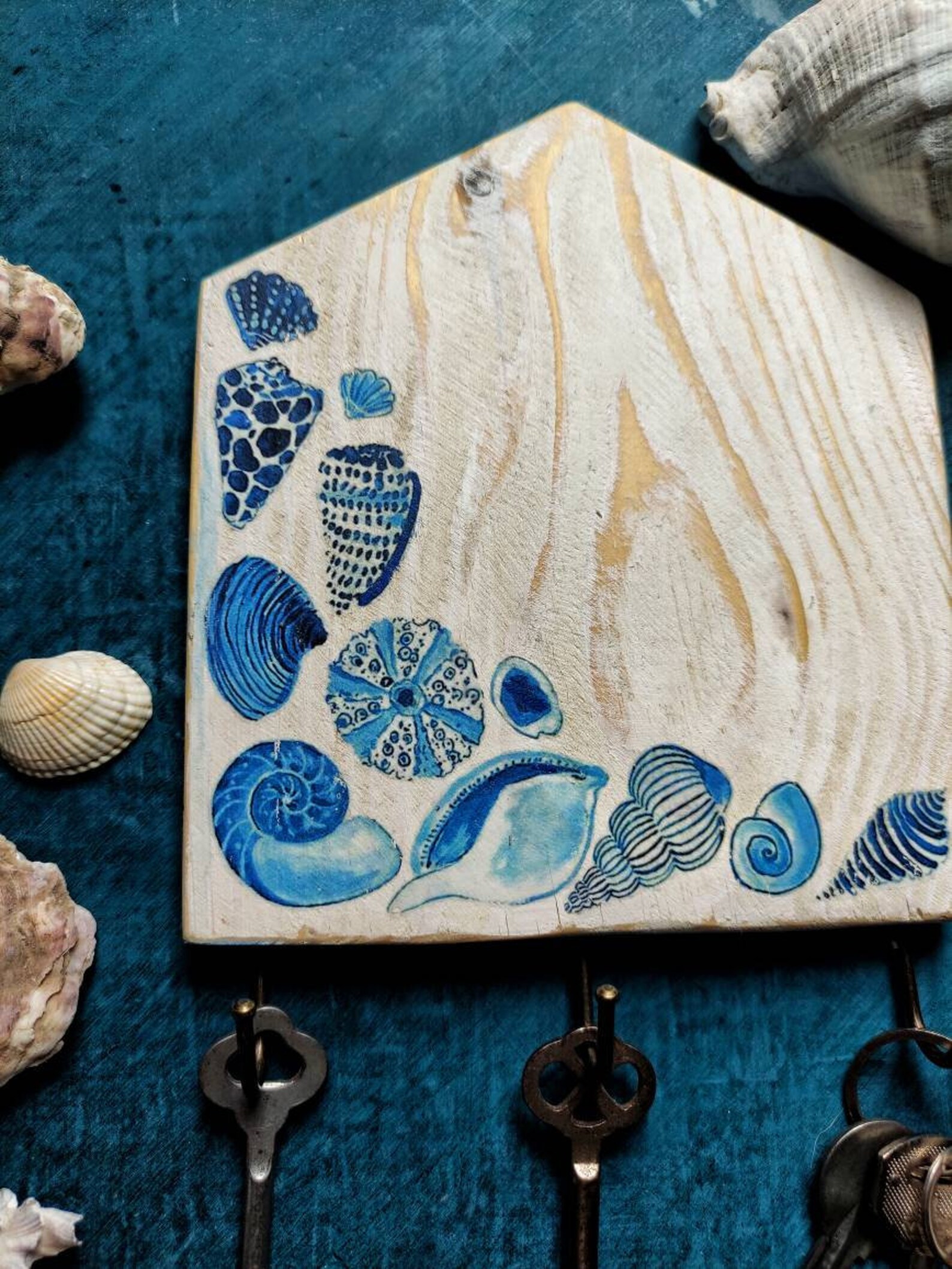 Wooden Key Holder for a Wall With Sea Shell, Sea Cottage Key Rack ...