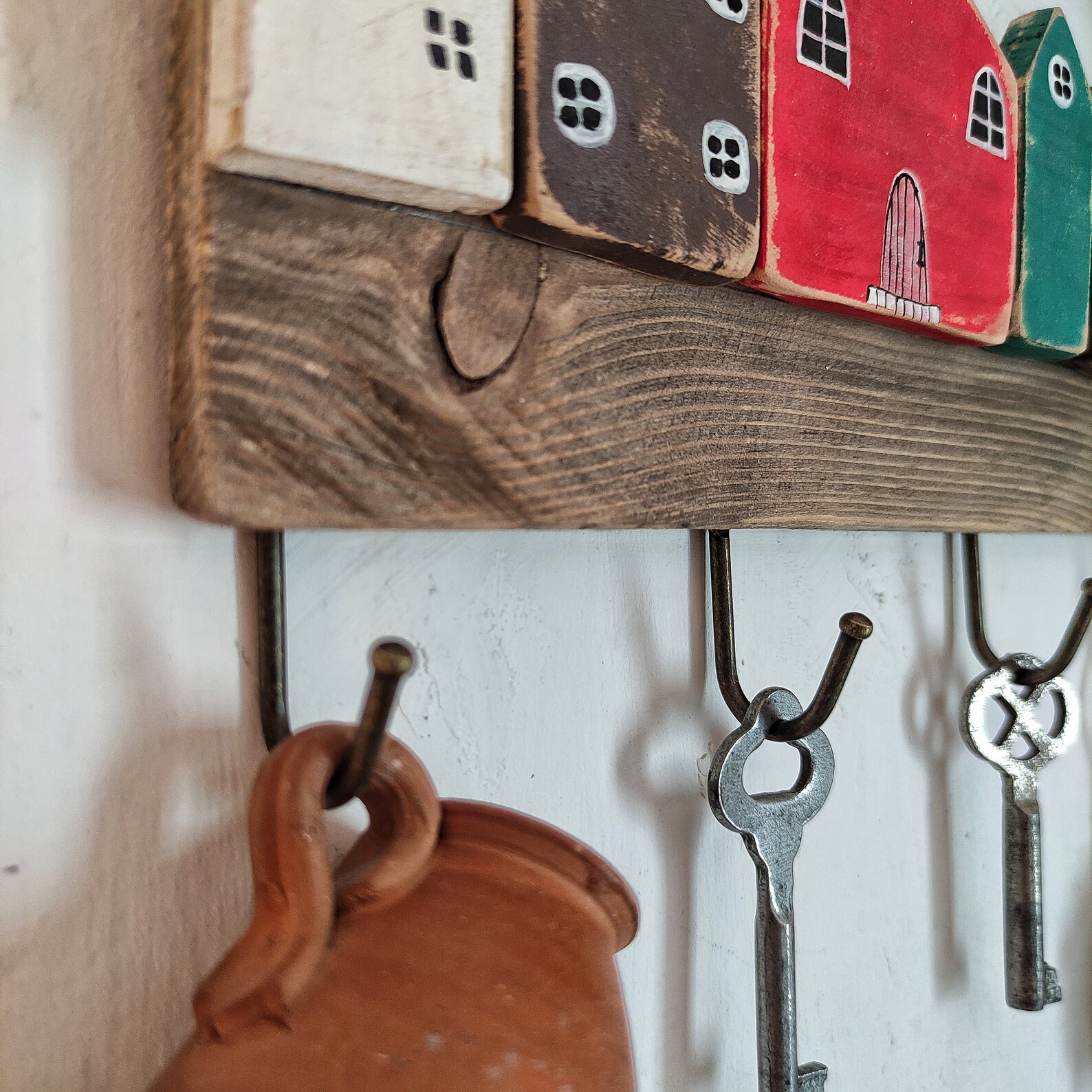 Rustic Wooden Key Holder for Wall With Small Houses, Entryway Wall ...