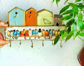 Key holder for a wall with small houses and birds, Wall organizer with birds, Key hooks, Wooden key hanger