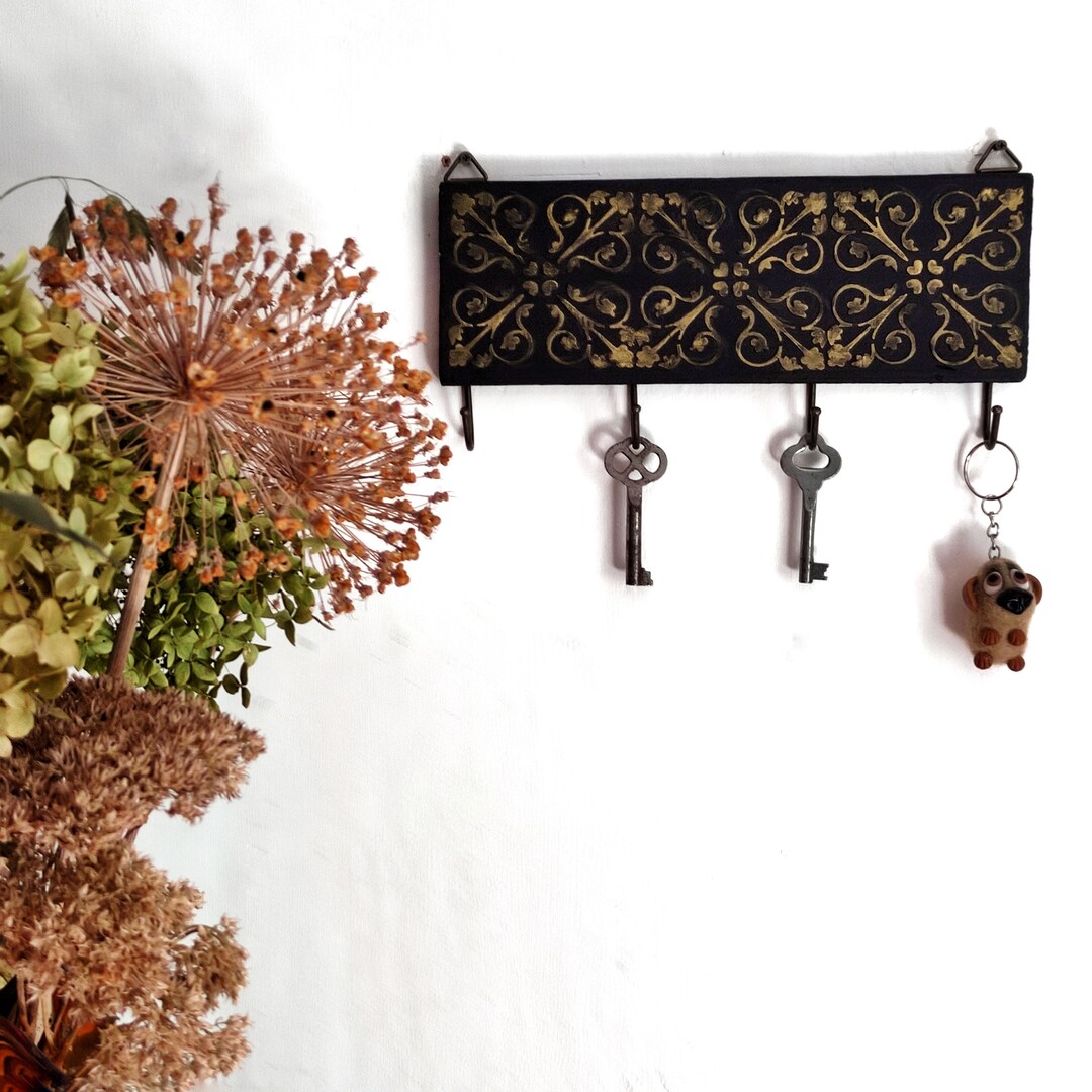 Gold Key Rack Black and Gold Handcrafted Wooden Key Holder for a Wall, Recycling Wood ...
