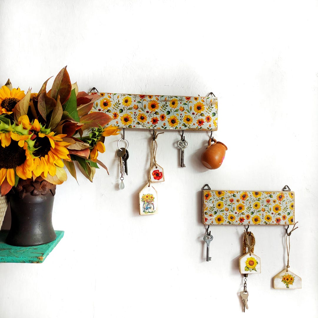 Wooden Key Holder for a Wall With Sunflowers, Recycling Wood Floral ...