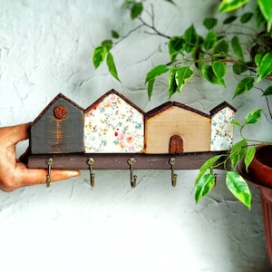 Wooden key holder for wall with small houses, Entryway wall organizer, Floral key rack, Cottage wall art hooks