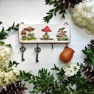 Wooden key holder for a wall with mushrooms, wall organizer for a kitchen with mushrooms, key rack hooks