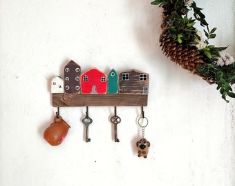 Rustic wooden key holder for wall with small houses, Entryway wall organizer