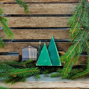May include: Three wooden Christmas tree ornaments in shades of green, with a plaid fabric ornament in the background. The ornaments are arranged on a wooden surface with pine branches.