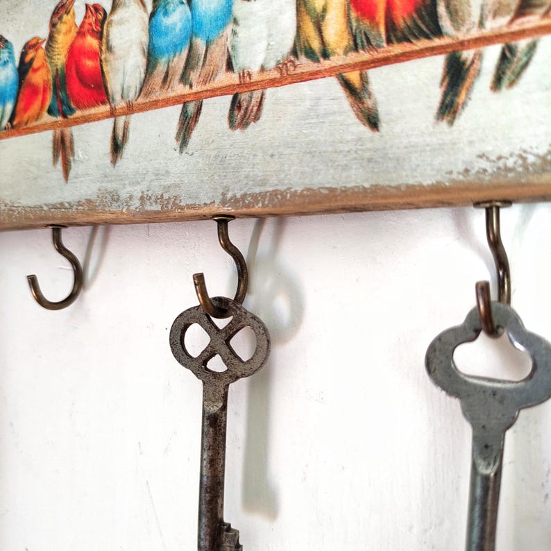 Long Wooden Key Holder for a Wall With Birds, Wall Organizer With Birds ...