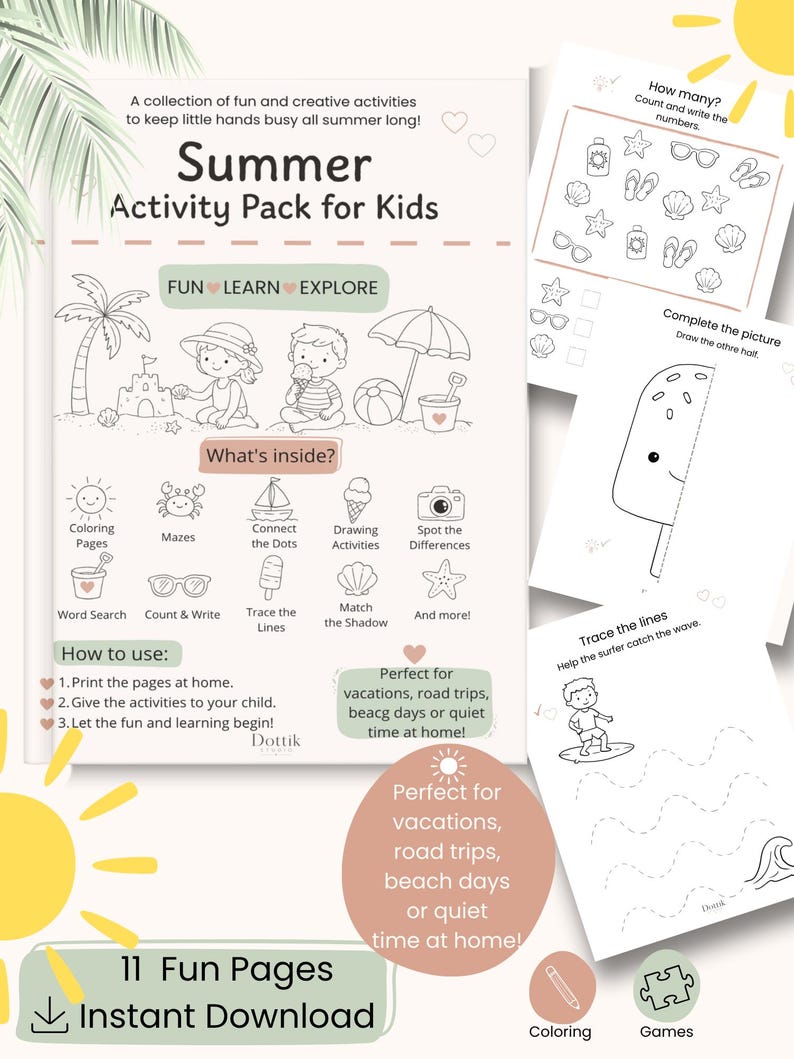 Summer Activity Pack for Kids | Beach Coloring Pages, Mazes, Puzzles ...