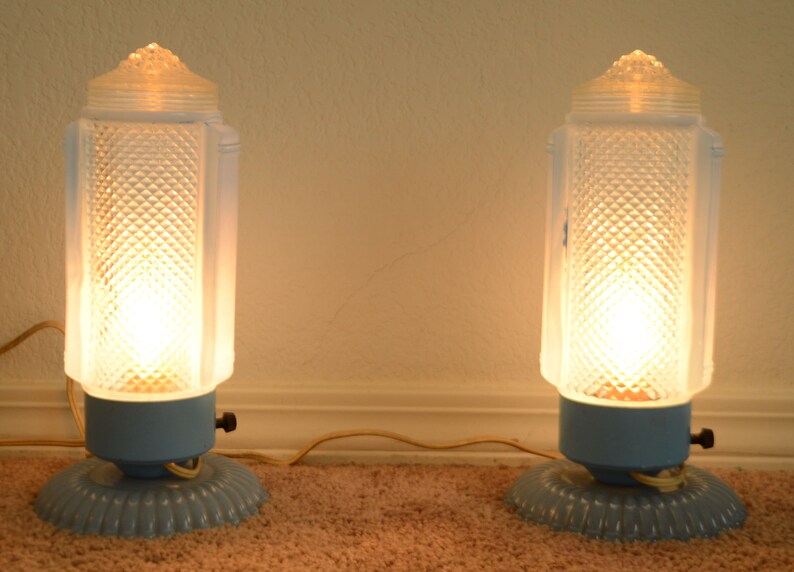 Vintage Art Deco Blue Glass Torpedo Bullet Boudoir Table Lamps Set Of Two Pair