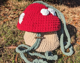 Plush Mushroom Bag with Vine Drawstring Crochet Pattern