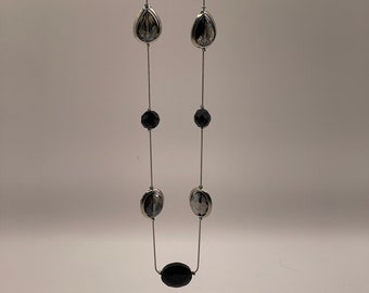 Black Glass and AB Crystal Beads on Silver Tone Chain Necklace