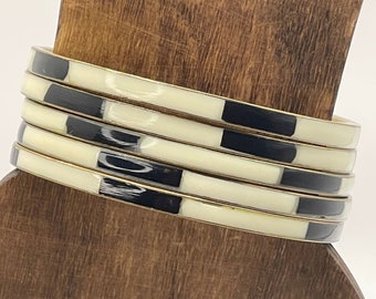 Set of 5 Black and White on Brass Bangle Bracelets