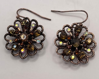 Floral Bloom AB Crystal on Copper Colored Metal Earrings