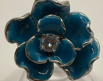 Blue Enamel Floral Ring with Rhinestone Center