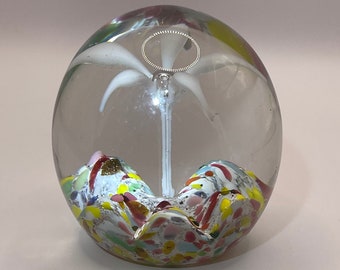 Art Glass Paperweight with White Flower