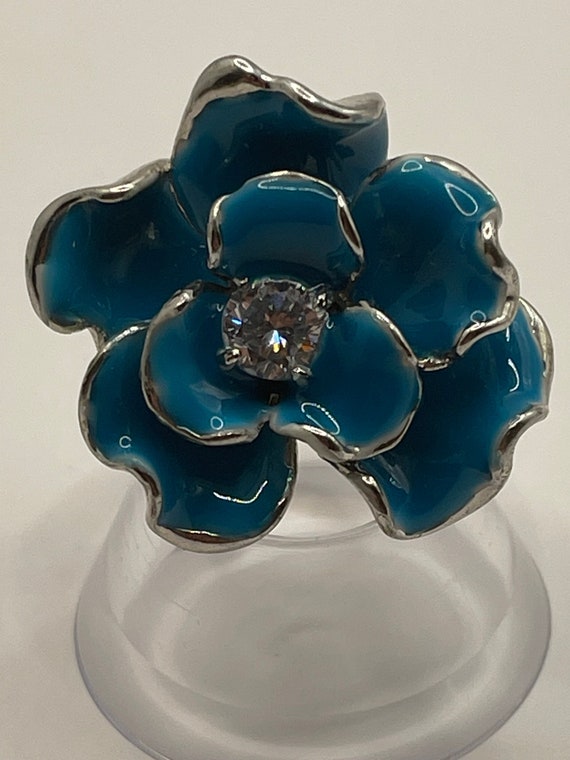 Blue Enamel Floral Ring with Rhinestone Center