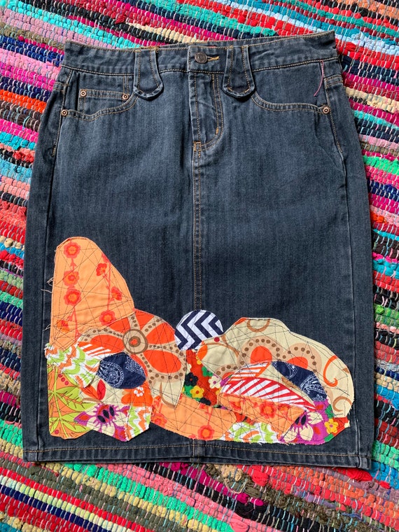 Denim Skirt With Fabric Embellishment