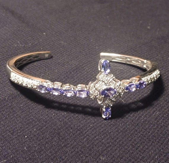 Platinum Over Sterling Silver Tanzanite & White Zircon Hinged Cuff Bangle Bracelet