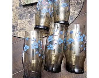 Libbey Tawny Garden Glass Butterfly Blue Set Of 5 Tumblers Mid Century Vintage