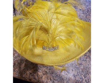 Unbranded Yellow Straw Hat Feathers And Ribbon Adult Size