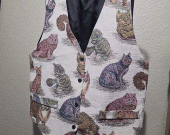 Gilet da donna Ivy Club Vintage Tapestry Cat, anni '90, taglia 22 W