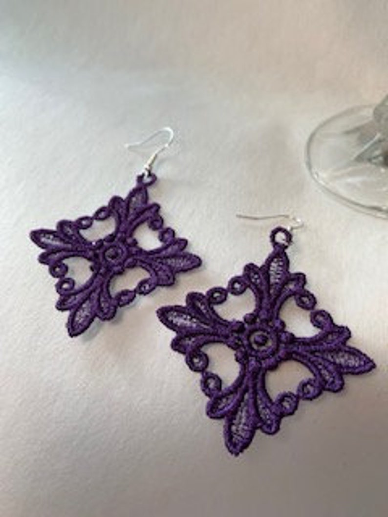 Nickel Free findings Floral Earrings Purple Earring Embroidered Earings Diamond Shaped Lace Earrings Lightweight earrings