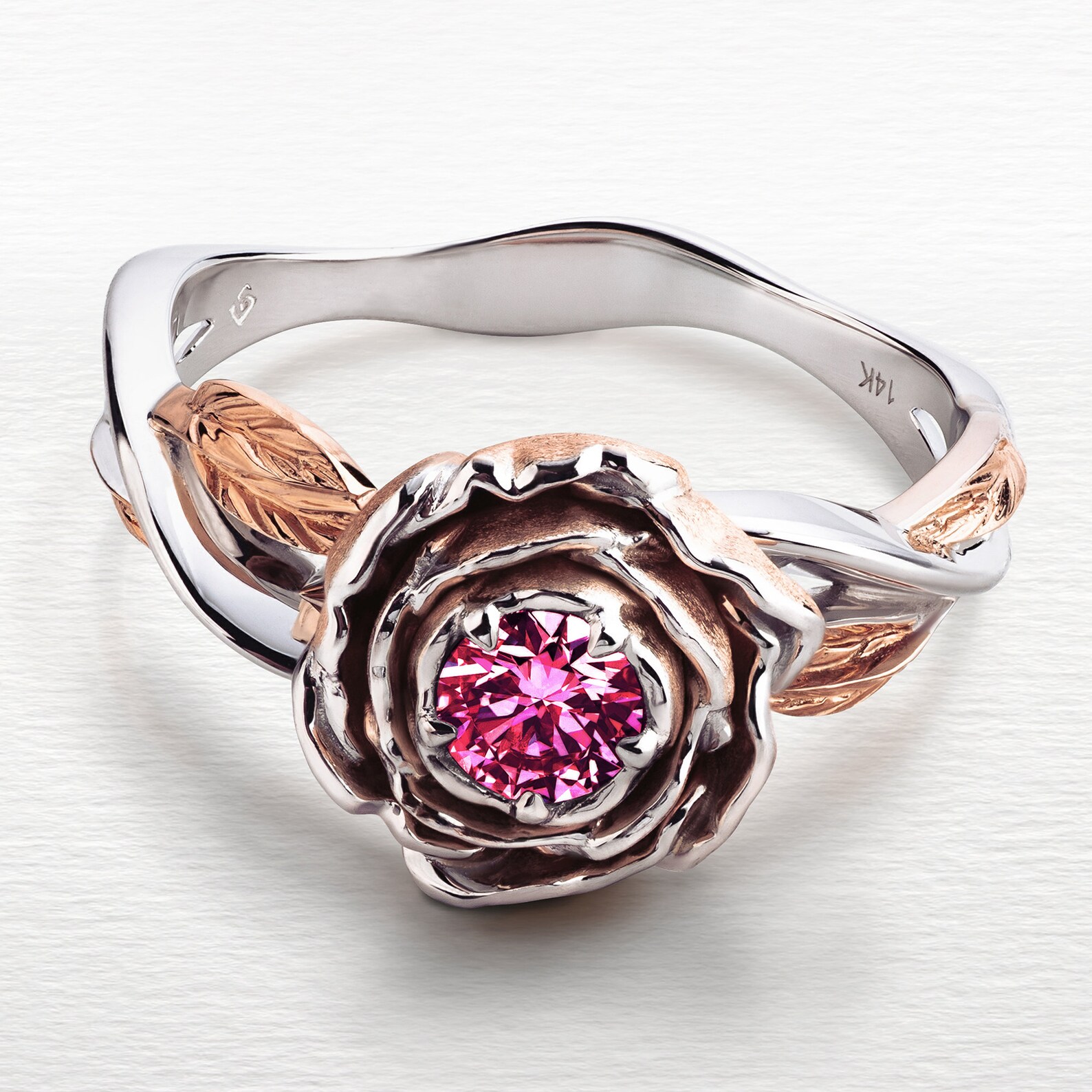 Peony flower engagement ring in 14k rose and white gold with Etsy