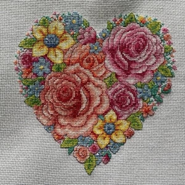 Finished Cross Stitch - Heart-Shaped Floral Arrangement