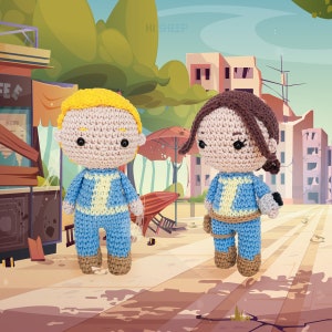 May include: Two crocheted dolls, one with yellow hair and the other with brown hair, both wearing blue and tan jumpsuits. The dolls are standing on a cracked sidewalk in front of a post-apocalyptic background with buildings and trees.