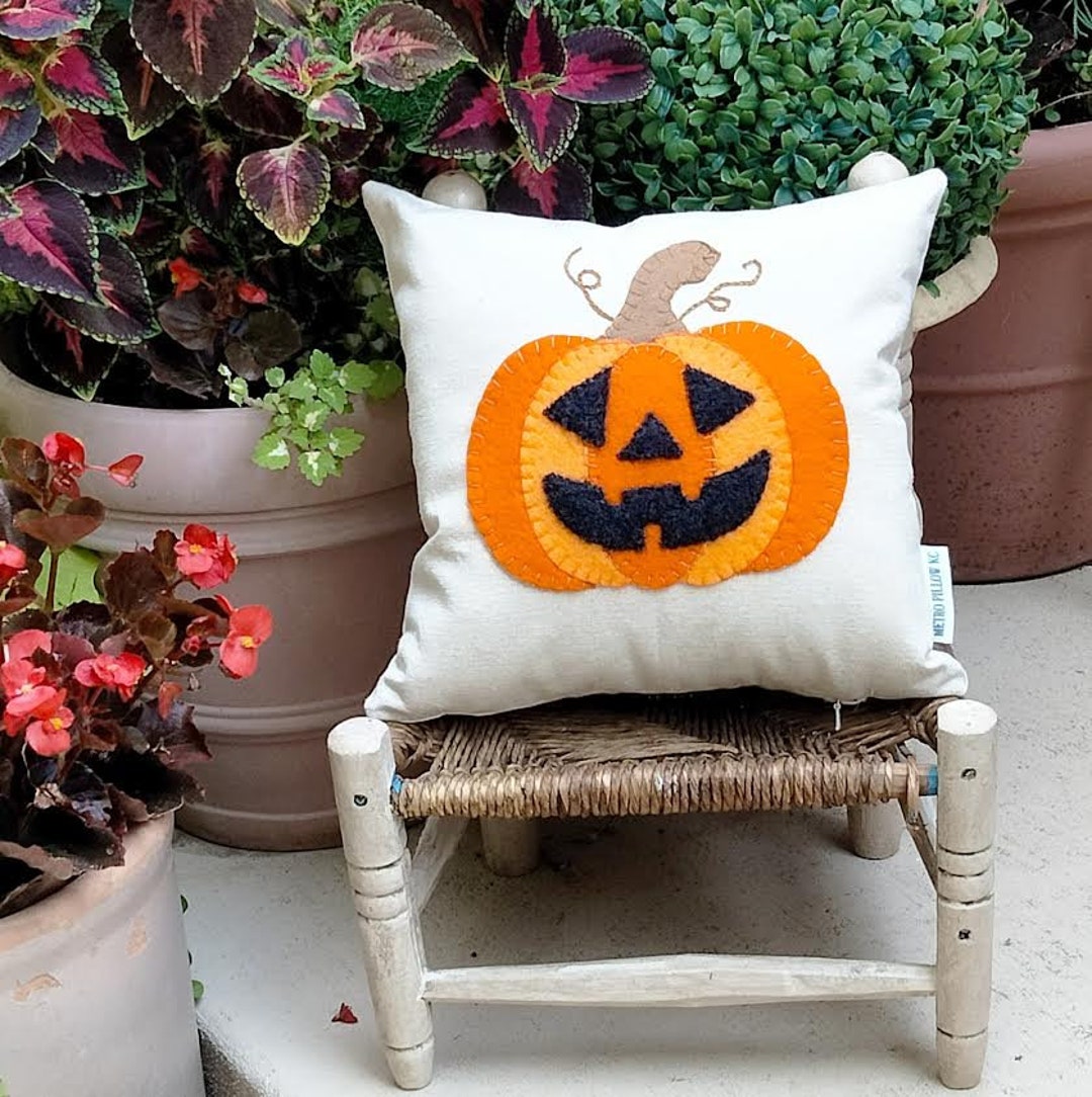 Jack O Lantern Pillow Wool Hand Applique Decorative Pillow Cover Only ...