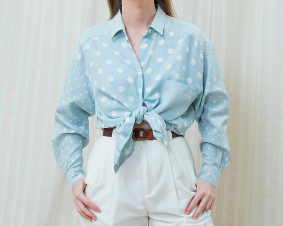 80s blue silk polka dot blouse medium | light blu… - image 1