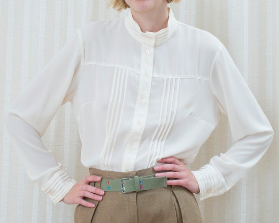 70s off white sheer high neck pintuck blouse large