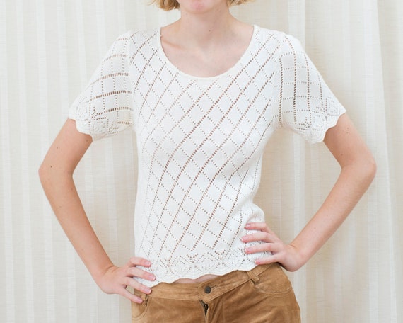 90s white cotton crochet knit top | small crochet