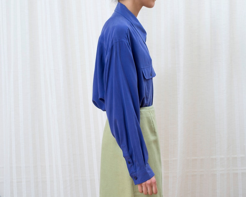minimal blouse royal blue silk collared shirt minimalist oversized deep purple silk button down shirt 90s purple silk blouse xl large