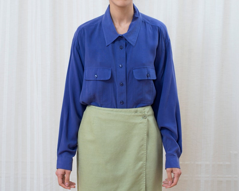 minimal blouse royal blue silk collared shirt minimalist oversized deep purple silk button down shirt 90s purple silk blouse xl large