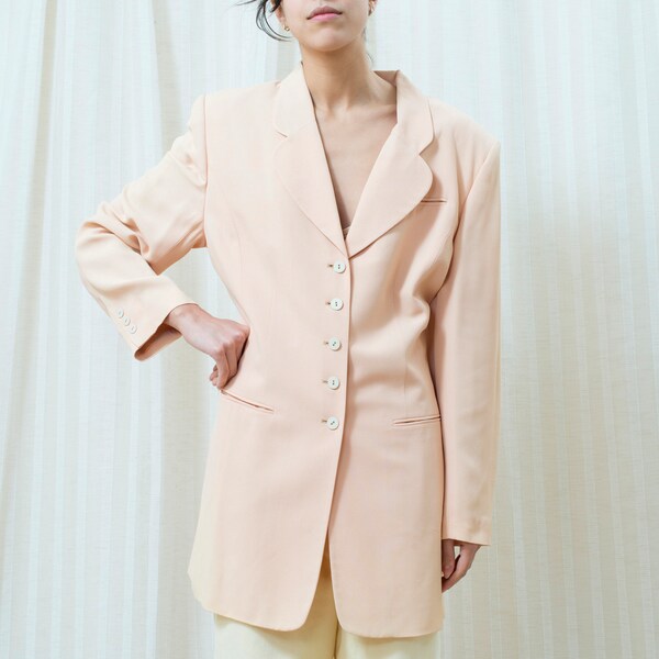 80s pink power suit blazer medium | big shoulder pastel peach pink long line blazer | lace up corset back blazer | light pink blazer dress