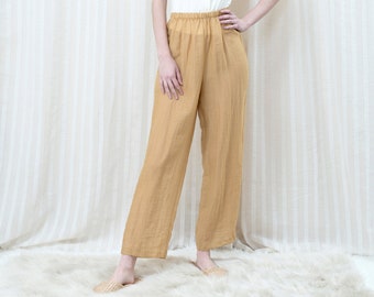 80s yellow high waisted pants medium | minimalist elastic waist tapered trousers | minimal hi rise oversized muted mustard yellow trousers