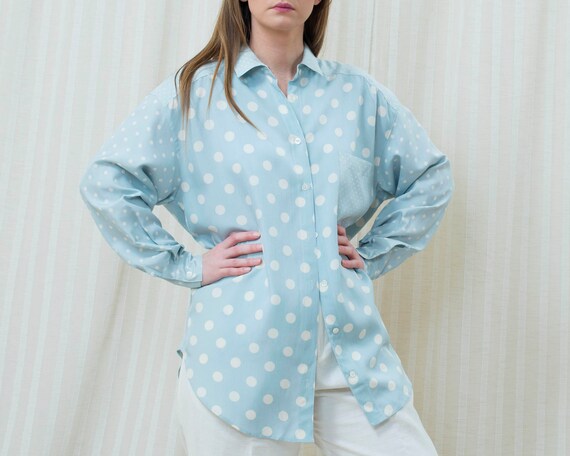 80s blue silk polka dot blouse medium | light blu… - image 4