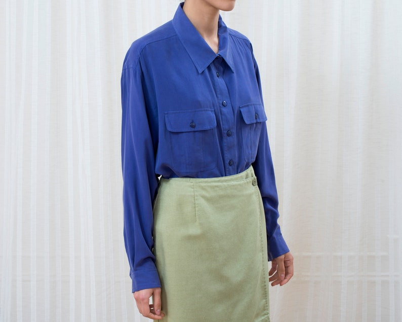 minimal blouse royal blue silk collared shirt minimalist oversized deep purple silk button down shirt 90s purple silk blouse xl large