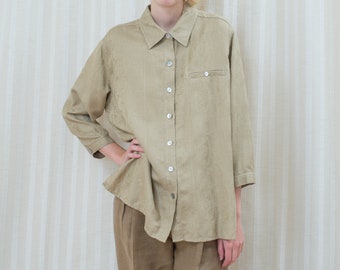 80s tan button down shirt large | beige linen textured blouse | oversized boxy minimalist blouse | minimal button down taupe shirt