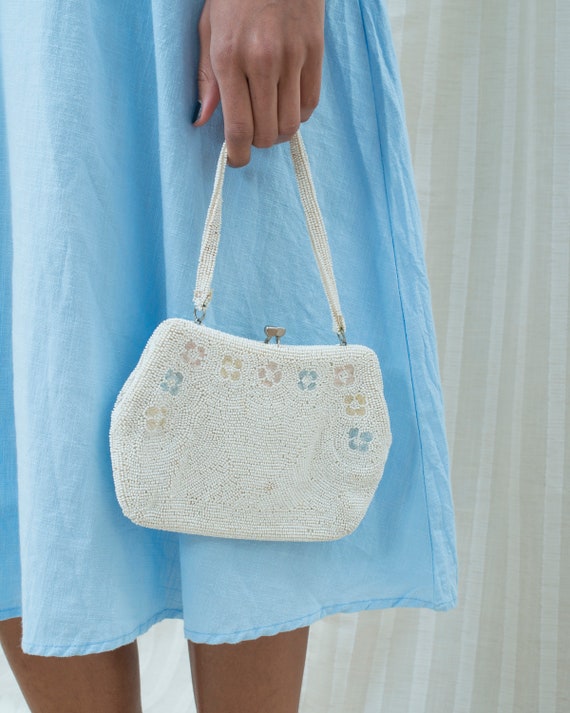 50s white beaded mini purse | floral beaded mini b