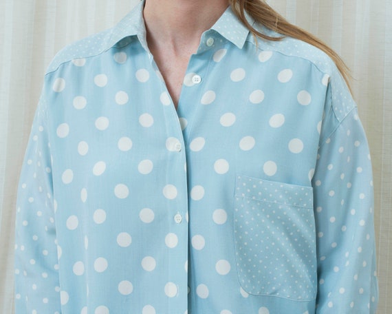 80s blue silk polka dot blouse medium | light blu… - image 3