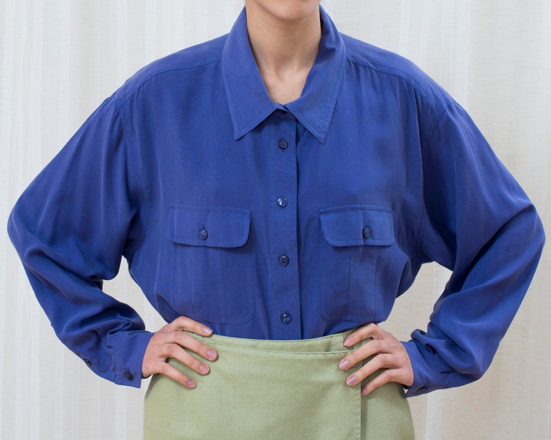 minimal blouse royal blue silk collared shirt minimalist oversized deep purple silk button down shirt 90s purple silk blouse xl large