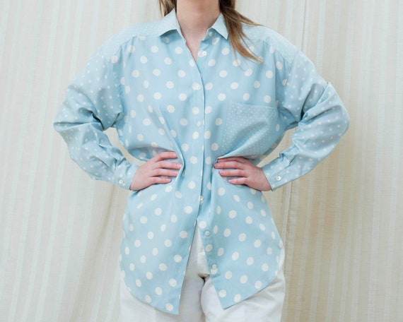 80s blue silk polka dot blouse medium | light blu… - image 9