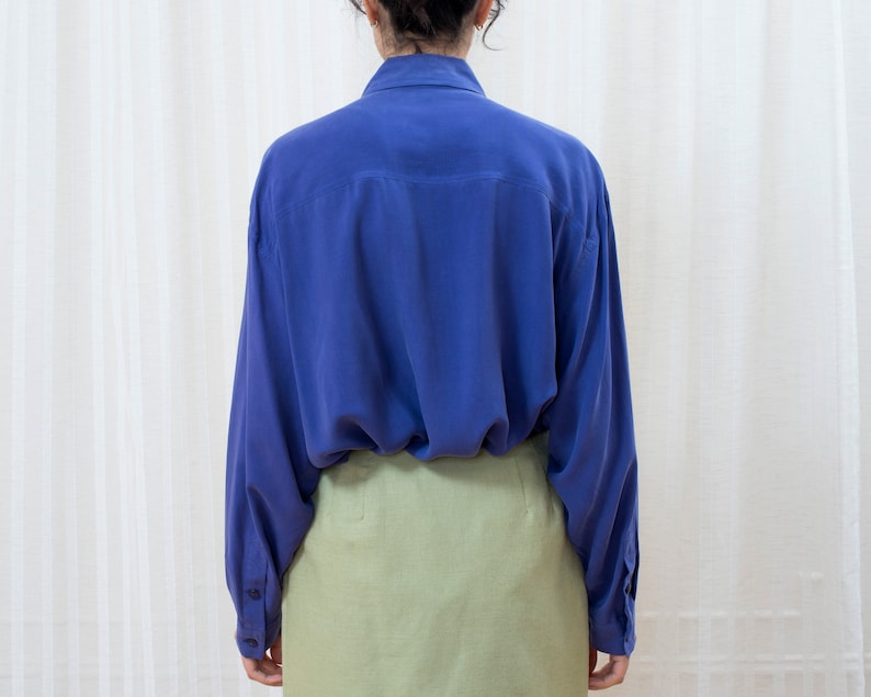 minimal blouse royal blue silk collared shirt minimalist oversized deep purple silk button down shirt 90s purple silk blouse xl large