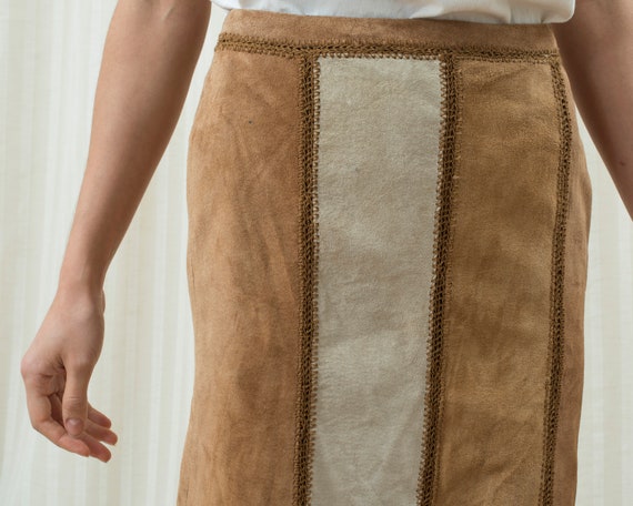 90s brown leather patchwork midi skirt small | cr… - image 3