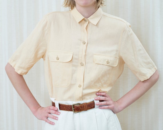 80s yellow linen short sleeve blouse medium | gio… - image 1