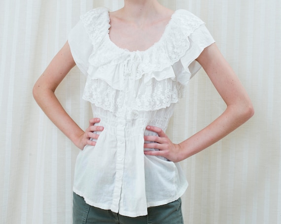 90s white lace ruffle blouse | ruffle collar peasa