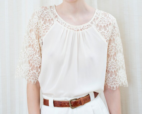 90s off white silk lace blouse | cream ivory lace